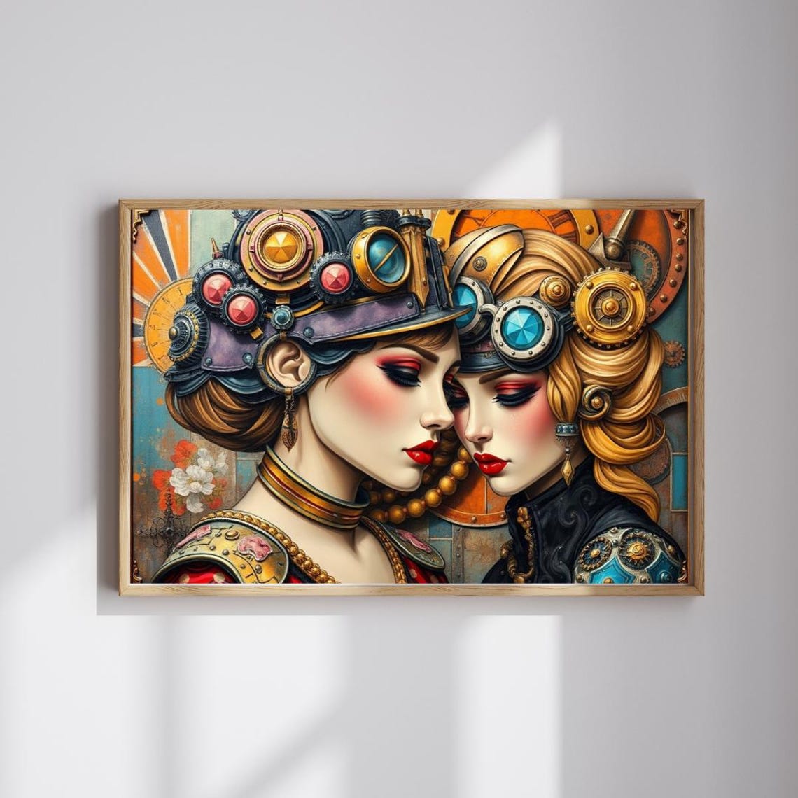 Steampunk Twin Women Brass Gears Goggles Clockwork Art Poster