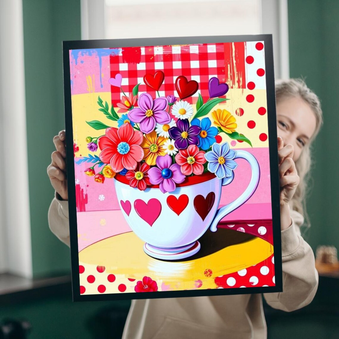 Vibrant Pop Art Teacup Hearts Floral Bouquet Retro Art Print
