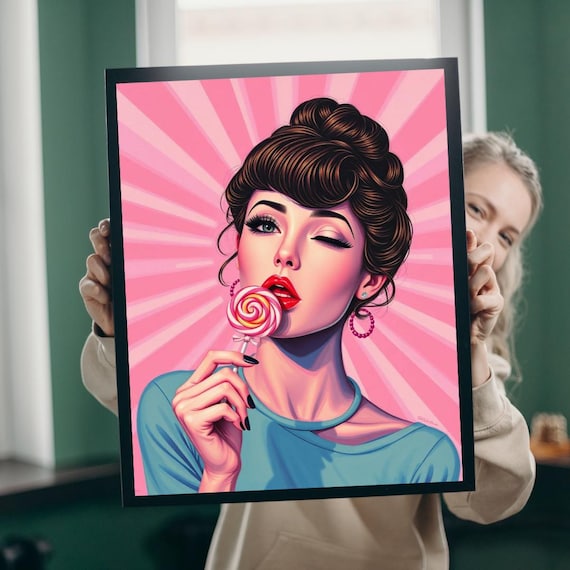 Candy Girl Retro Pinup Red Lips Lollipop Pink Pop Art Beauty Poster