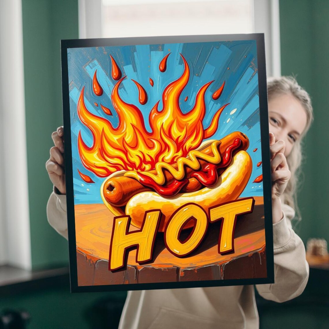 Flaming Hot Dog Pop Art Bold HOT Foodie Kitchen Fun Wall Poster