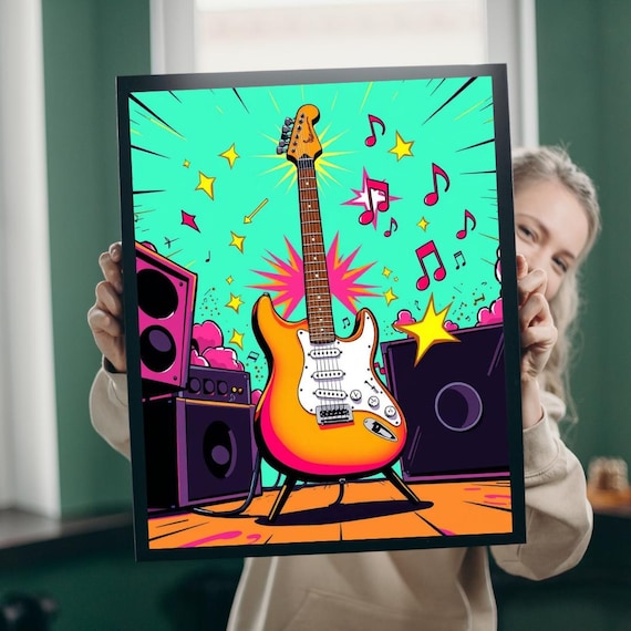 Electric Guitar Bursting with Music Notes Vibrant Rock Pop Art Wall Art