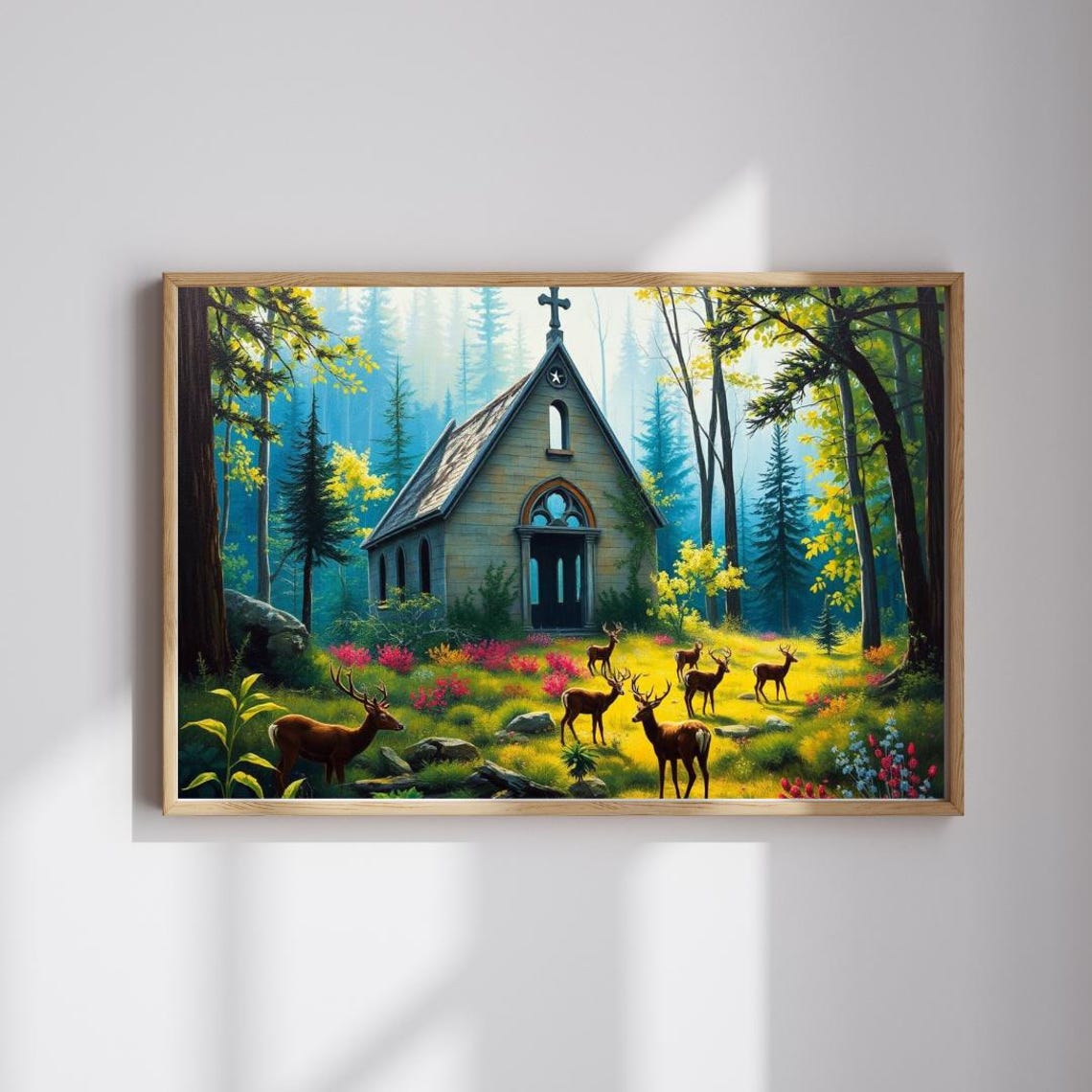 Sancturary Reclaimed Jigsaw Puzzle Collapsed Chapel In Forest Deer Gothic Serene Nature Wildlife Art Print