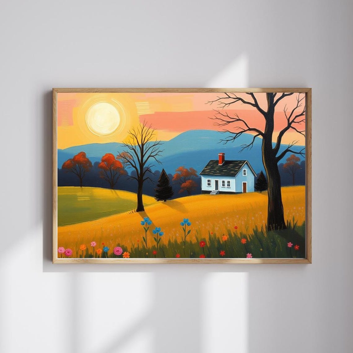 Golden Sunset Farmhouse Meadow Flowers Mountain Landscape Poster