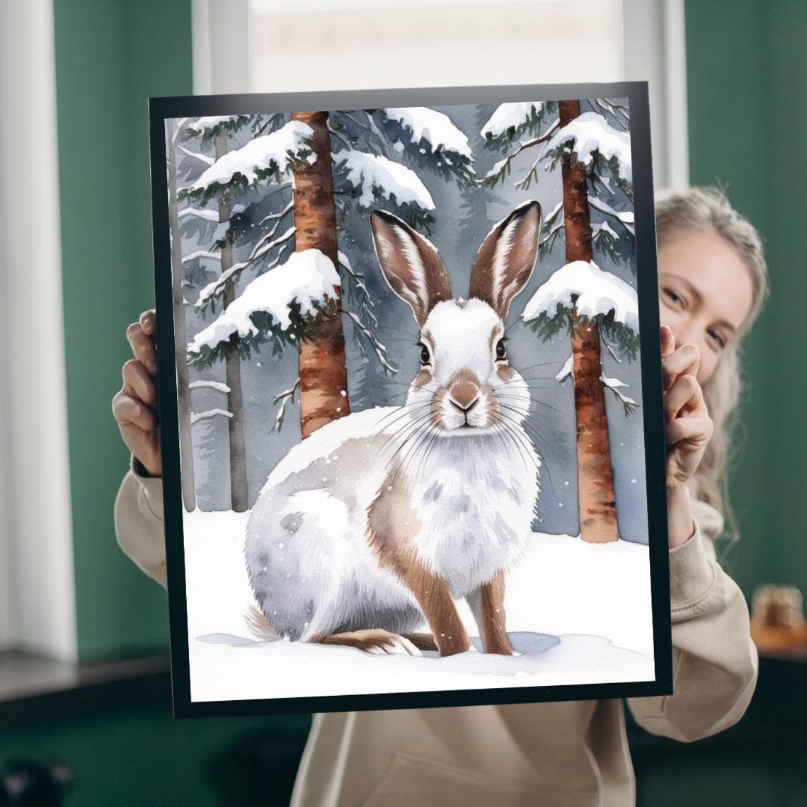 Snowshoe Hare In Winter Forest Snowfall Watercolor Animal Art Print
