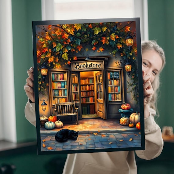 Vintage Autumn Bookstore Jigsaw Puzzle Cozy Fall Books Black Cat Pumpkins