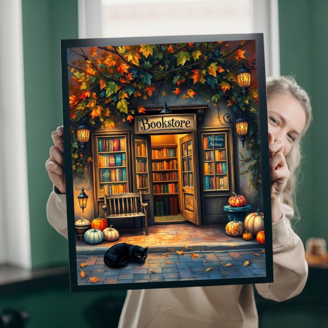 Vintage Autumn Bookstore Jigsaw Puzzle Cozy Fall Books Black Cat Pumpkins
