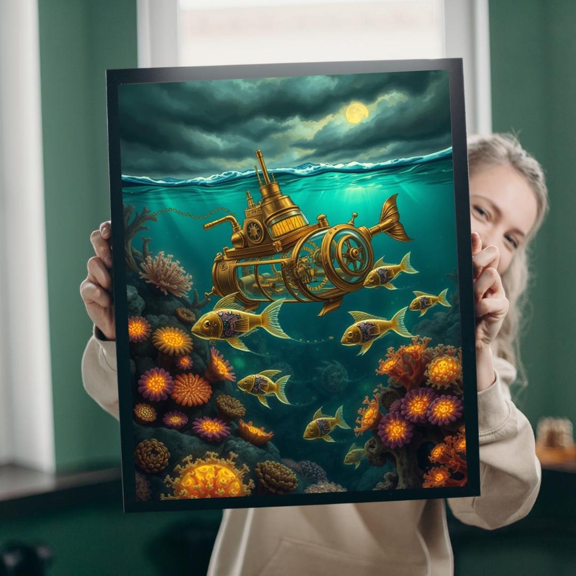 Steampunk Submarine Underwater Coral Reef Fantasy Art Poster