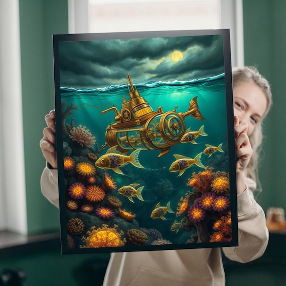 Steampunk Submarine Underwater Coral Reef Fantasy Art Poster