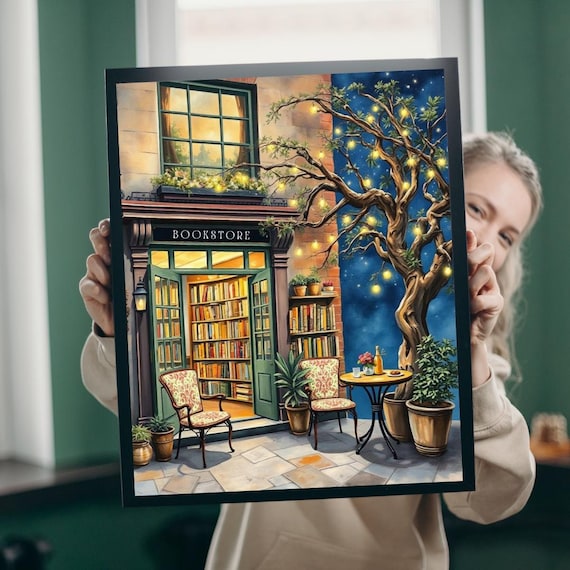 Enchanted Night Bookstore Fairy Lights Starry Sky Cozy Art Poster
