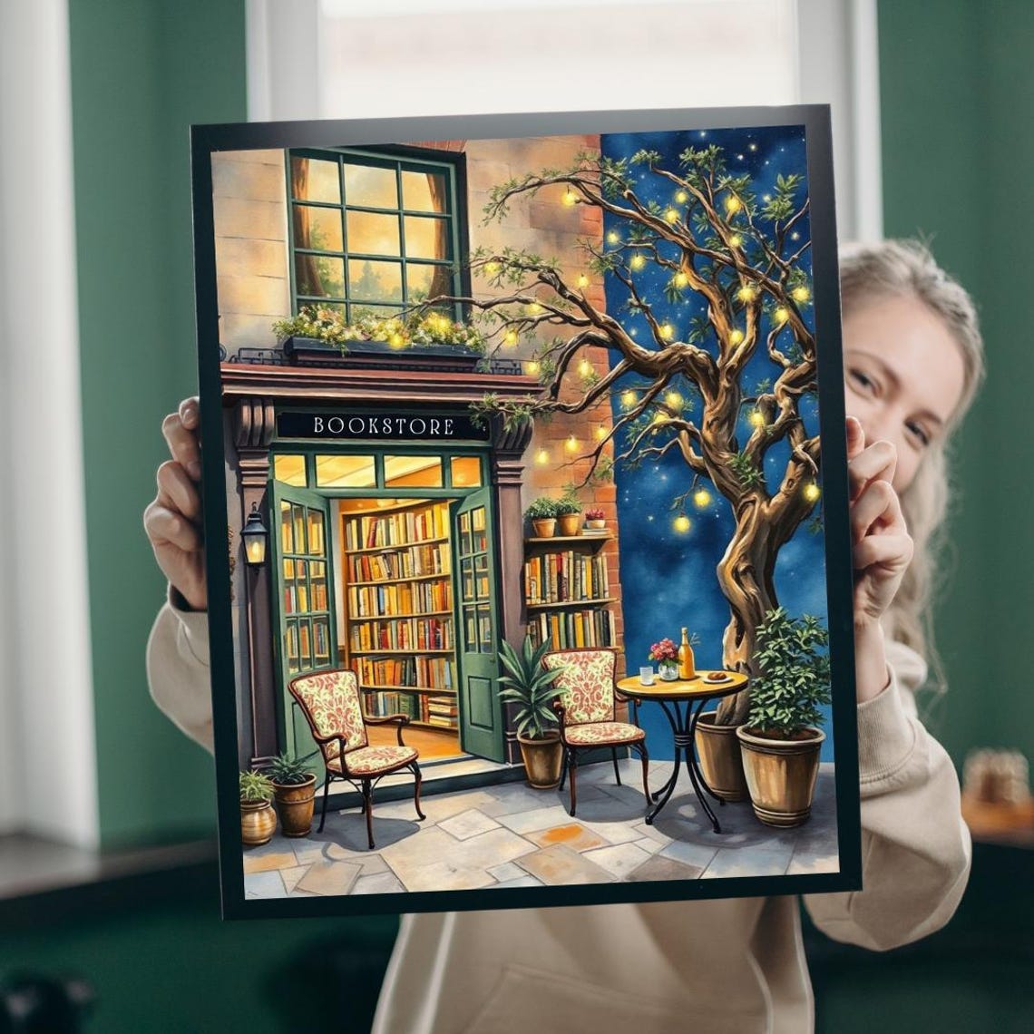 Enchanted Night Bookstore Fairy Lights Starry Sky Cozy Art Poster