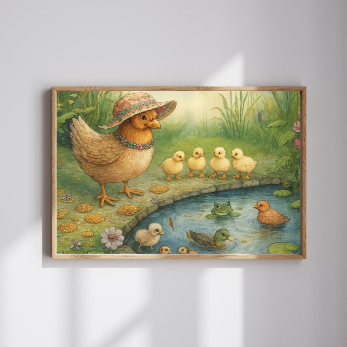 Mother Hen with Chicks by Pond Watercolor Farmyard Family Poster