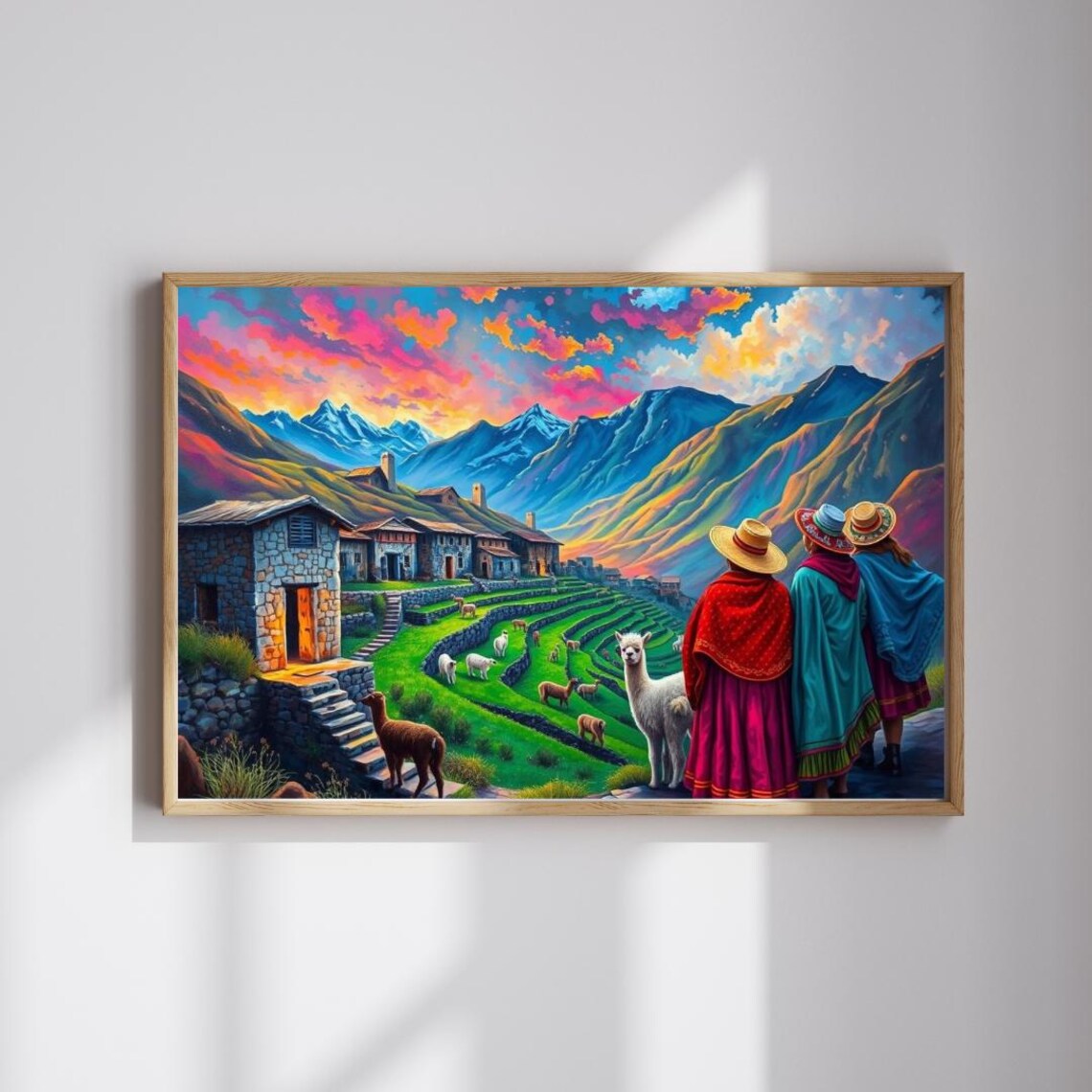 Andean Village Women in Traditional Dress With Llamas Art Poster
