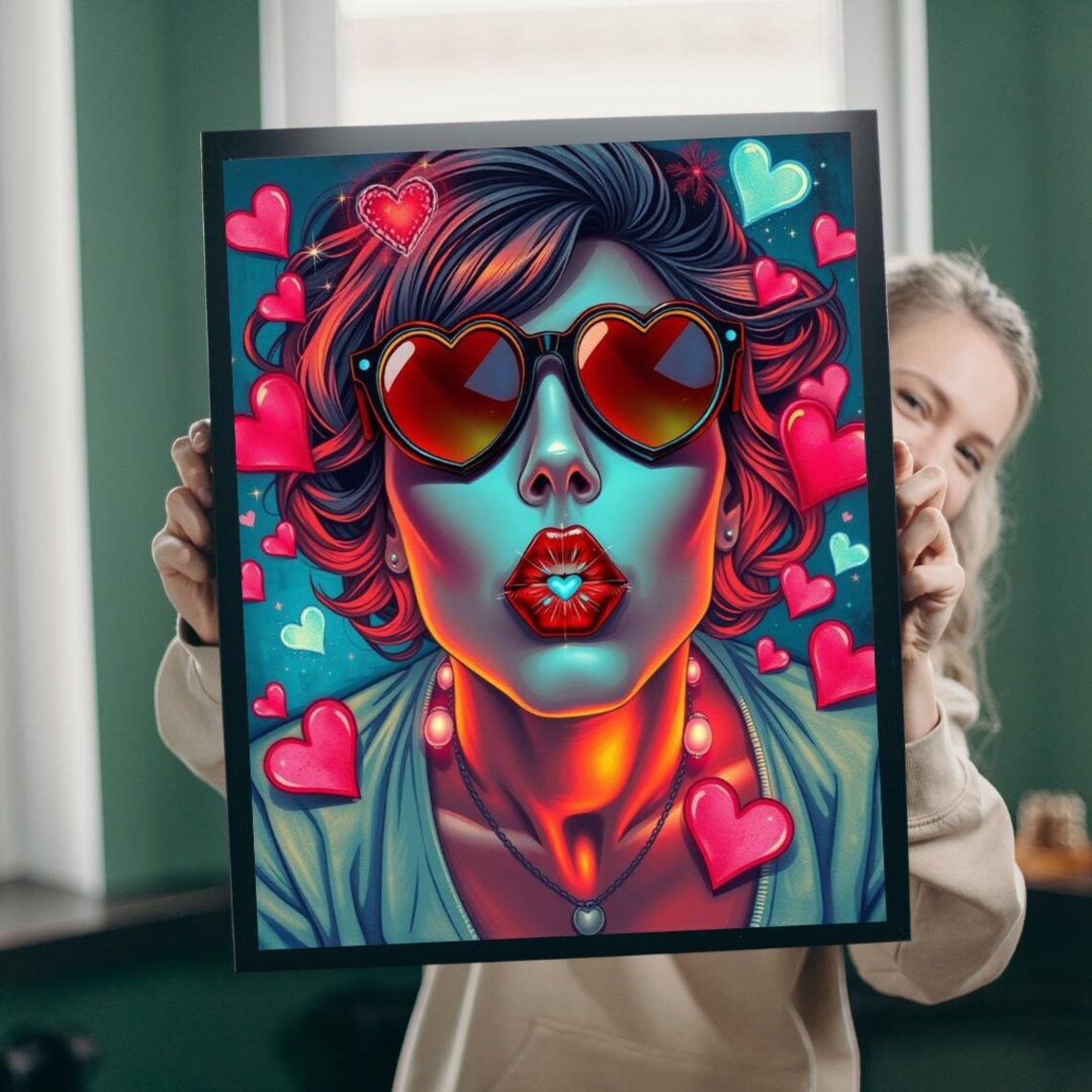 Pop Art Hearts Woman Heart Sunglasses Neon Retro Comic Poster