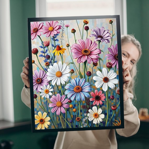 Daisy Mosaic Flower Poster Pastel Petals Whimsical Garden Tile Artwork