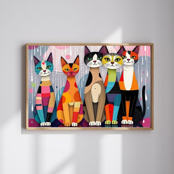 Five Colorful Geometric Cats Pop Art Style Cat Lover Gift Poster