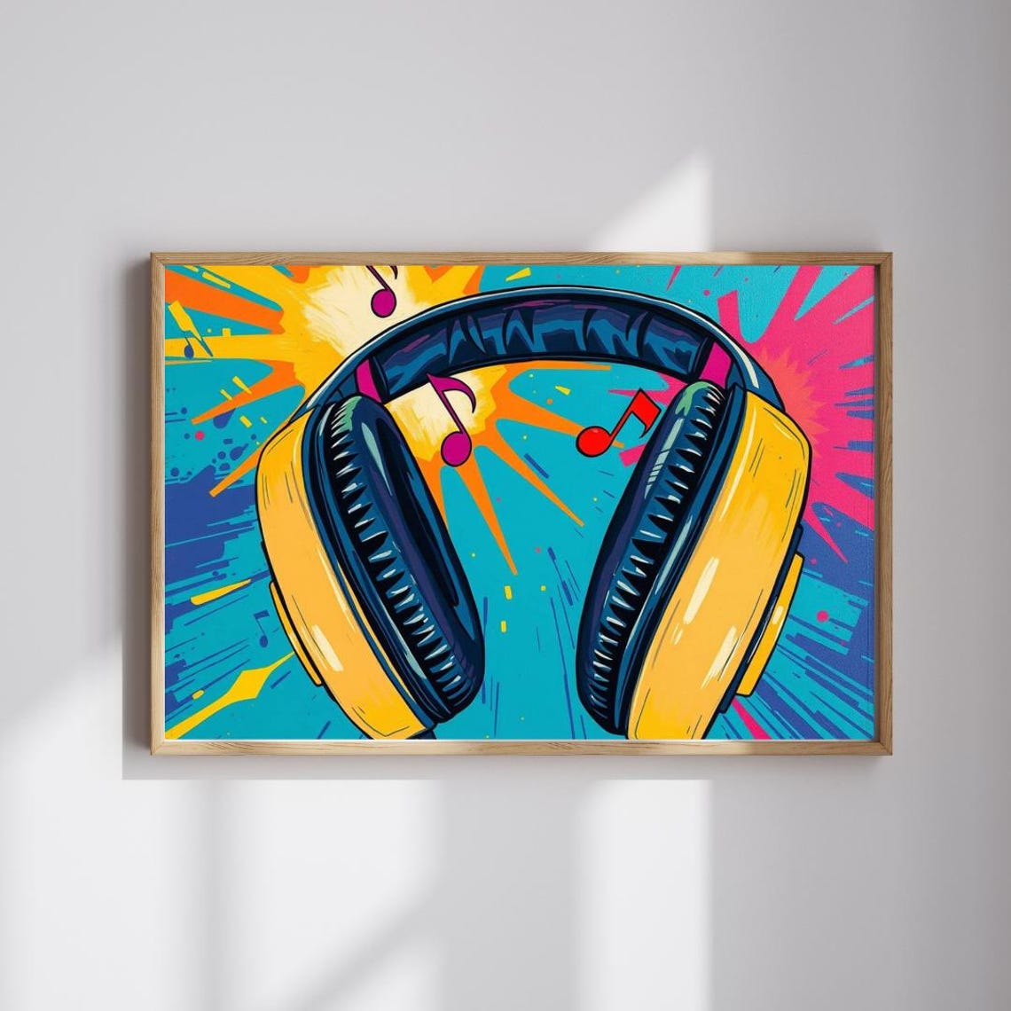 Yellow Headphones Exploding with Music Notes Bold Pop Art Music Poster