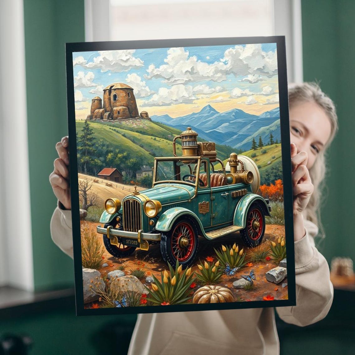 Steampunk Vintage Car Brass Engine Mountain Village Scene Poster