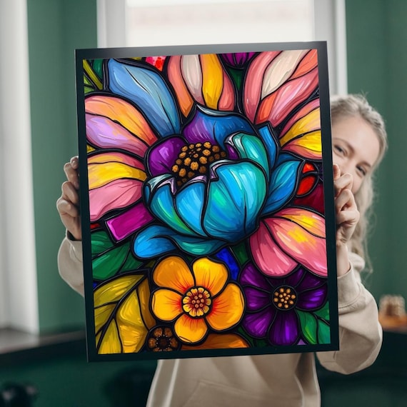 Rainbow Stained Glass Bloom Floral Mosaic Colorful Art Poster
