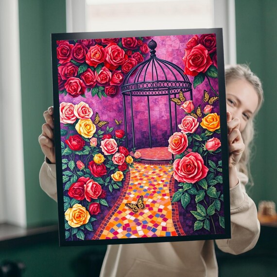 Rose Garden Black Gazebo Mosaic Style Butterfly Flower Art Poster