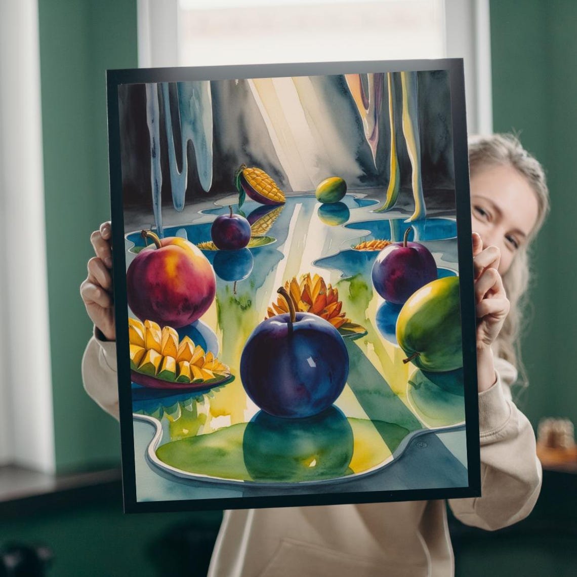 Oversized Fruit Surrealist Dreamscape Vibrant Watercolor Wall Art