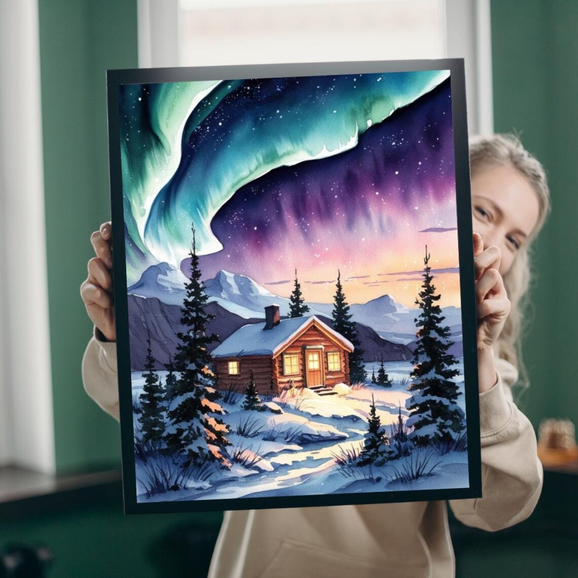 Aurora Borealis Puzzle, Watercolor Landscape Art Print