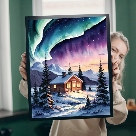 Aurora Borealis Puzzle, Watercolor Landscape Art Print