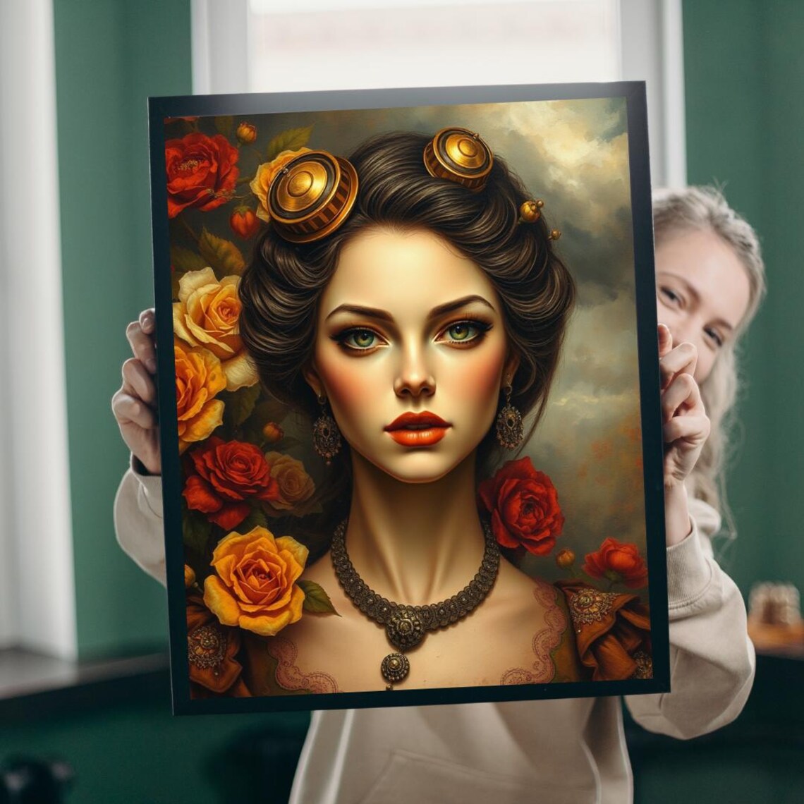 Steampunk Portrait, Vintage Floral Art Print