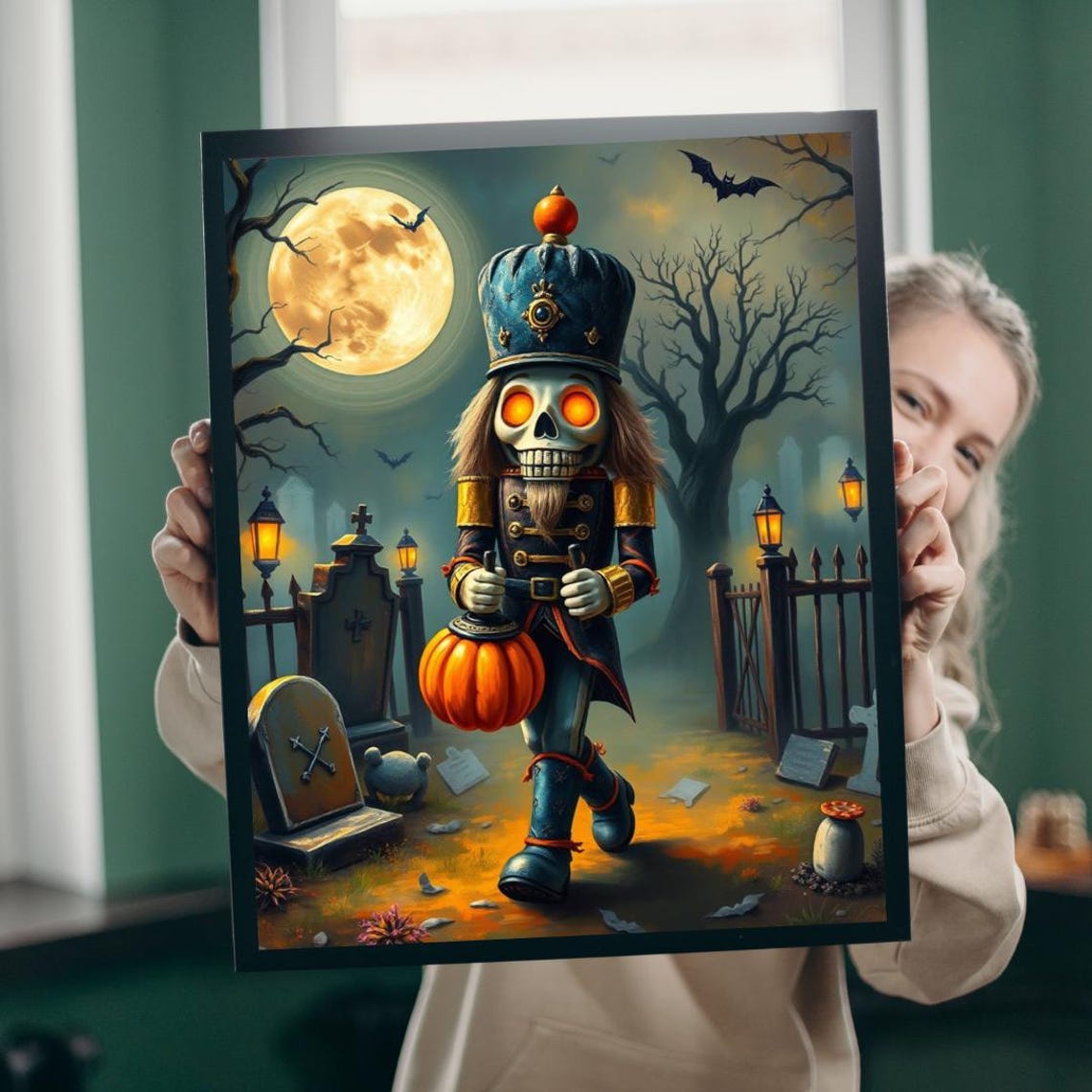 Skeleton Nutcracker with Pumpkin in a Moonlit Graveyard Poster