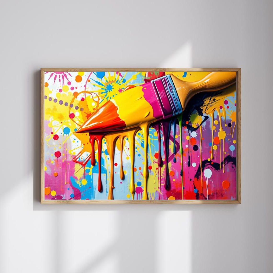 Giant Paintbrush Dripping Neon Paint Over Graffiti Splash Art Poster
