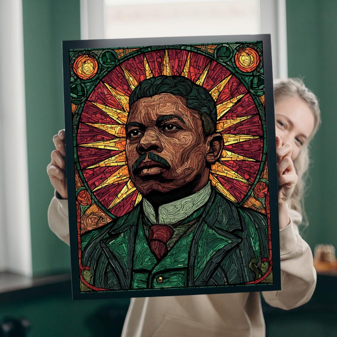 Marcus Garvey Stained Glass Portrait Radiant Sunburst Poster