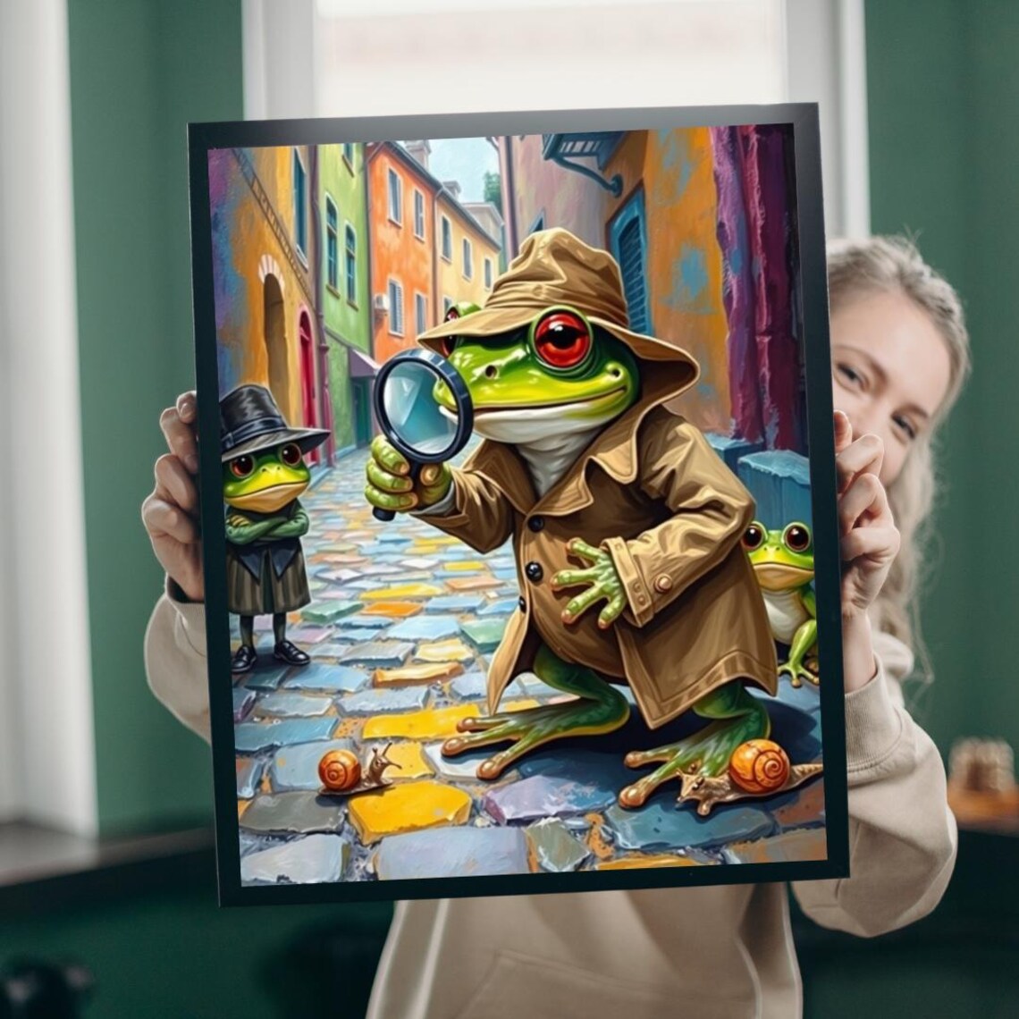 Detective Frog Magnifying Glass Cobblestone Street Cartoon Poster