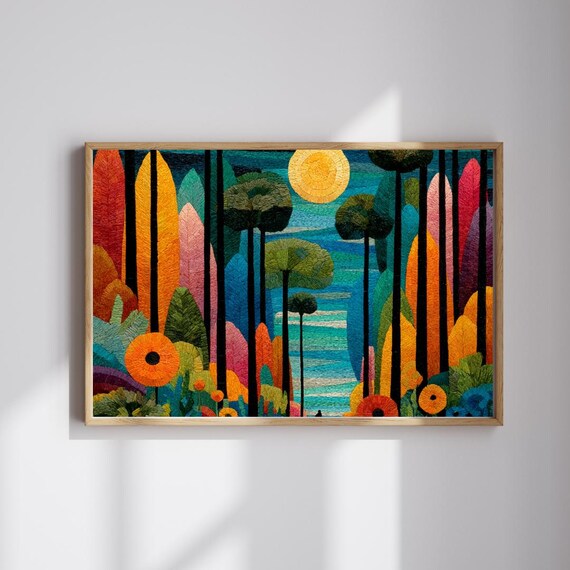 Mosaic Forest Landscape Sun Textured Abstract Nature Art Poster