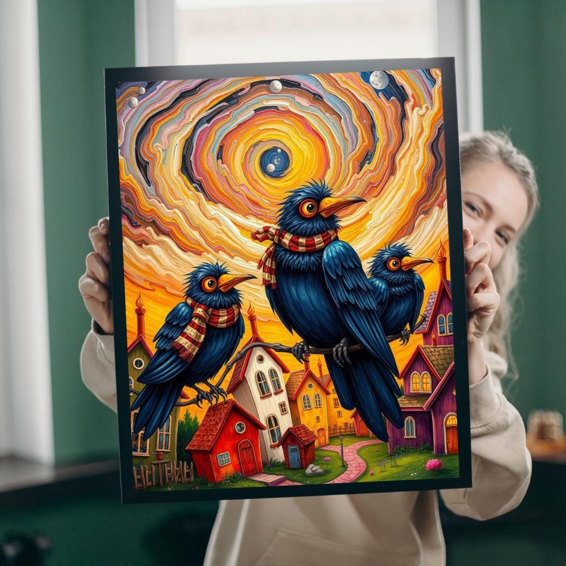 Three Crows in Scarves Over a Village Under a Starry Swirl Poster
