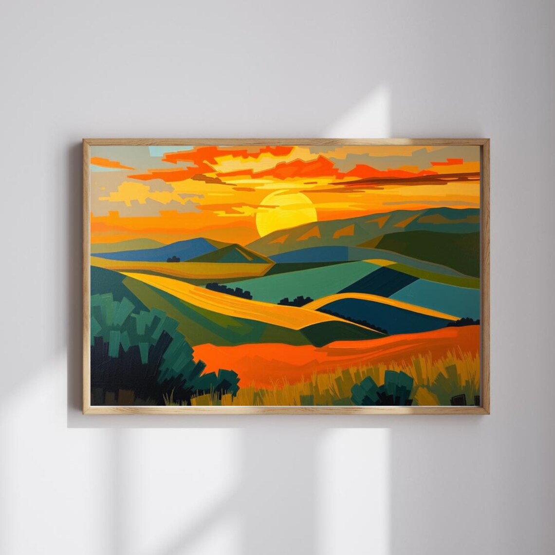 Warm Sunset Rolling Hills Geometric Colorful Modern Landscape Art Print