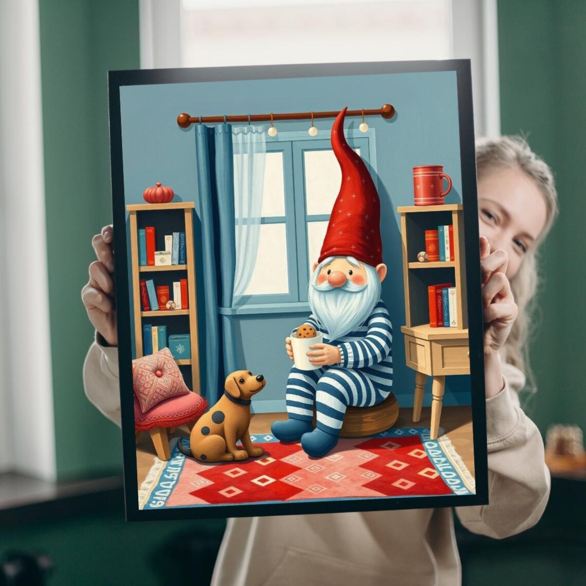 Nordic Gnome In Striped Pajamas With Cookies And Spotted Puppy Poster