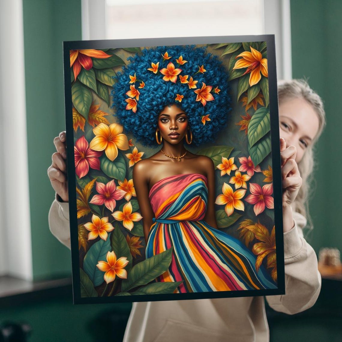 Blue Afro Woman Colorful Dress Tropical Flowers Bold Art Poster