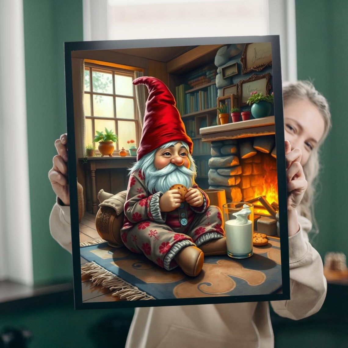 Gnome Pajama Snack Cozy Cottage Fireplace Scene