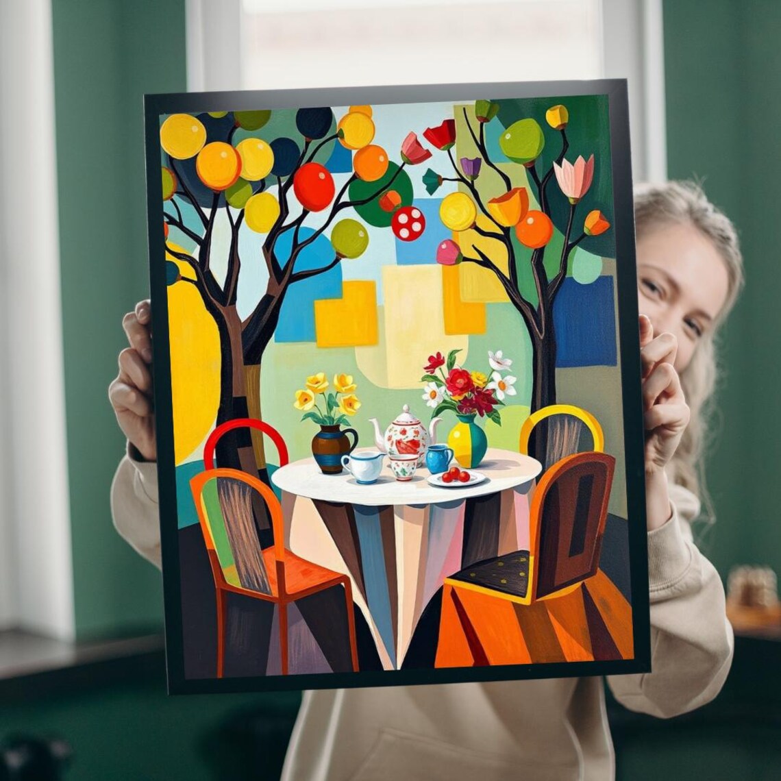 Fauvist Tea Table Teapot Flowers Stylized Trees Colorful Art Poster