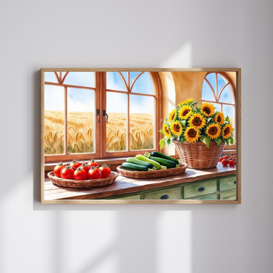 Farmhouse Kitchen Watercolor Harvest Scene Sunflowers Wheat Poster