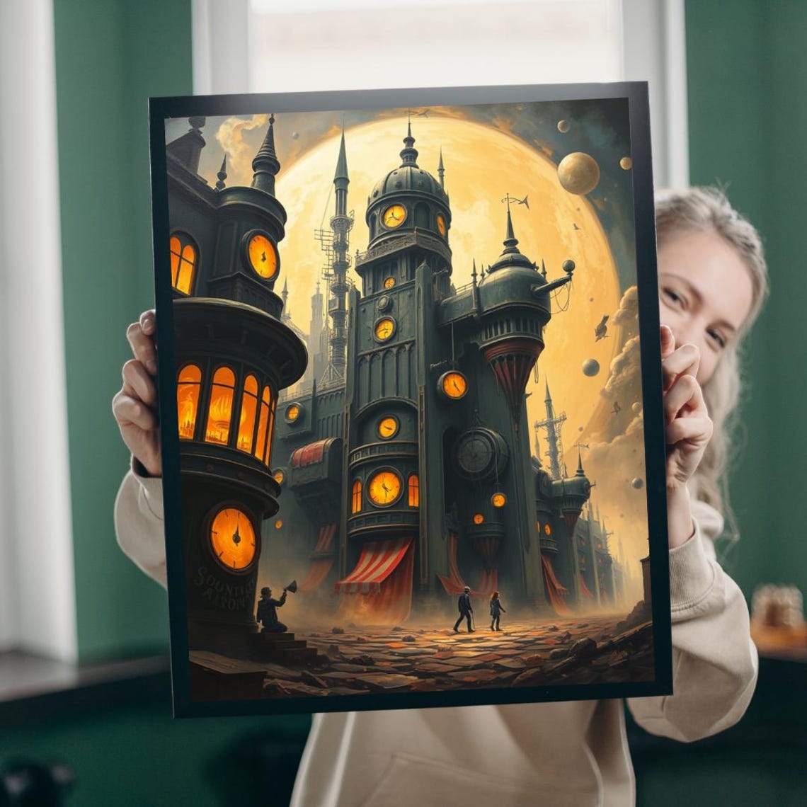 Steampunk Clock Tower City Giant Moon Fantasy Industrial Art Poster