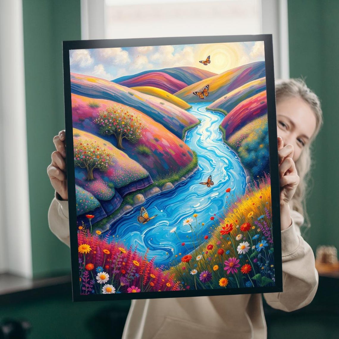 Colorful Rolling Hills Blue River Butterflies Meadow Landscape Poster