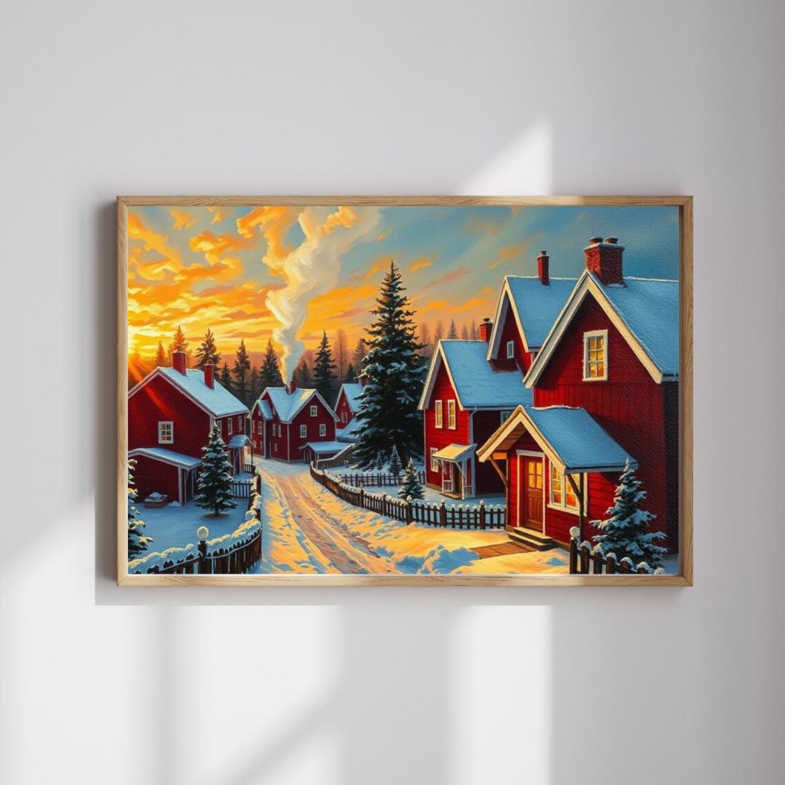 Swedish Winter Village Art Print, Scandinavian Landscape