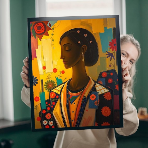 Afrocentric Woman Portrait Golden Floral Ornate Garment Art Print
