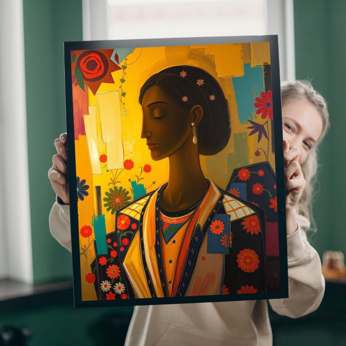 Afrocentric Woman Portrait Golden Floral Ornate Garment Art Print