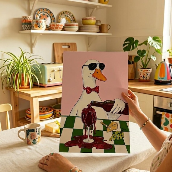 Funny Duck Wine Print Quirky Kitchen Wall Art Whimsical Bar Decor Pink Retro Animal Poster Goose Dining Room Digital Download