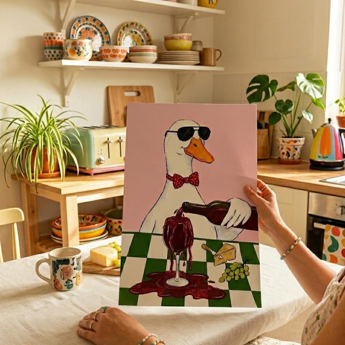 Funny Duck Pouring Red Wine With Sunglasses Quirky Kitchen Poster