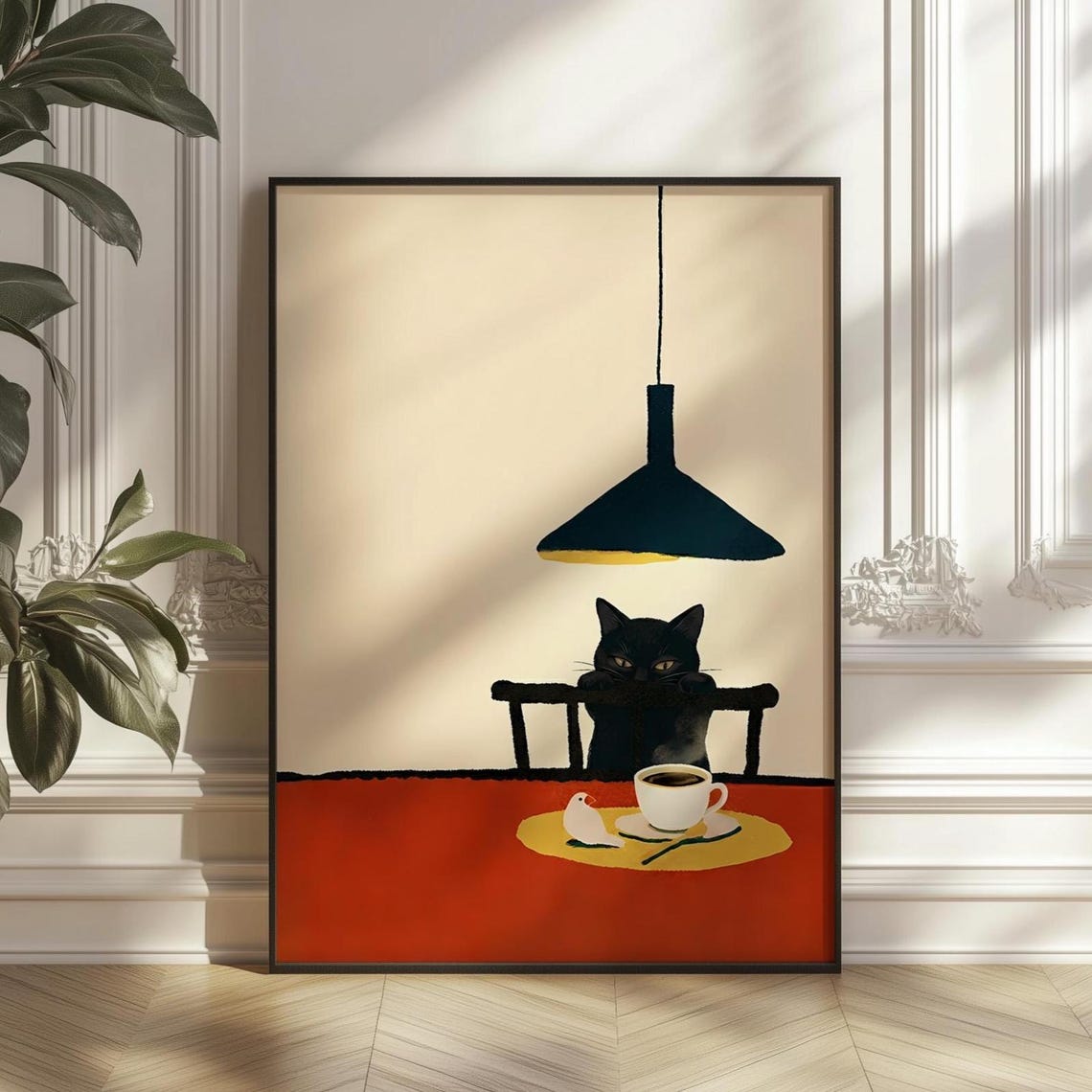 Sneaky Cat Coffee Print Whimsical Kitchen Wall Art Cozy Cafe Decor Retro Poster Funny Animal Digital Download