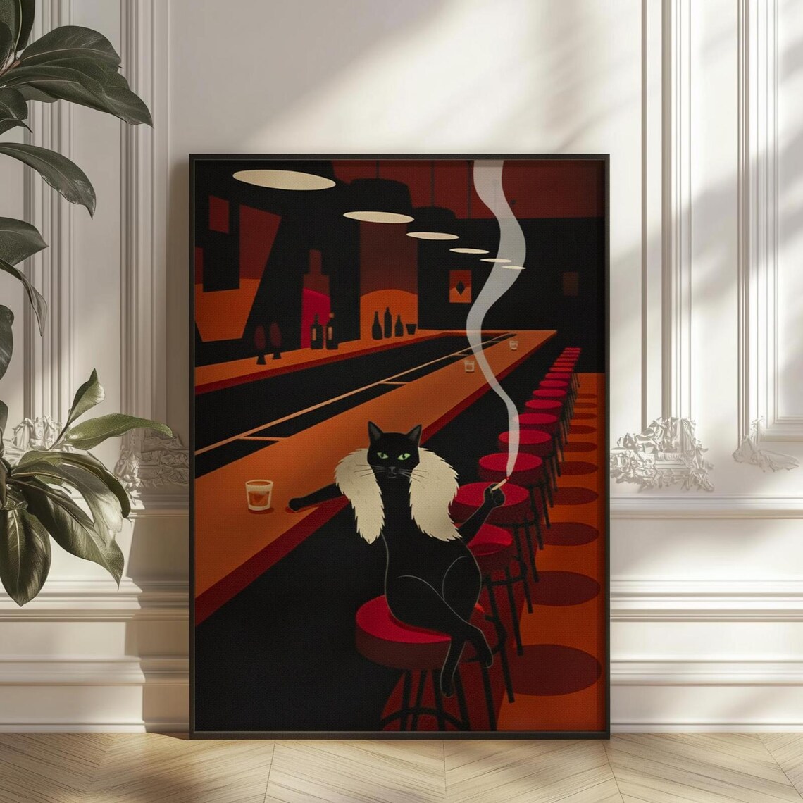 Funny Black Cat Bar Art, Mid-Century Modern Poster