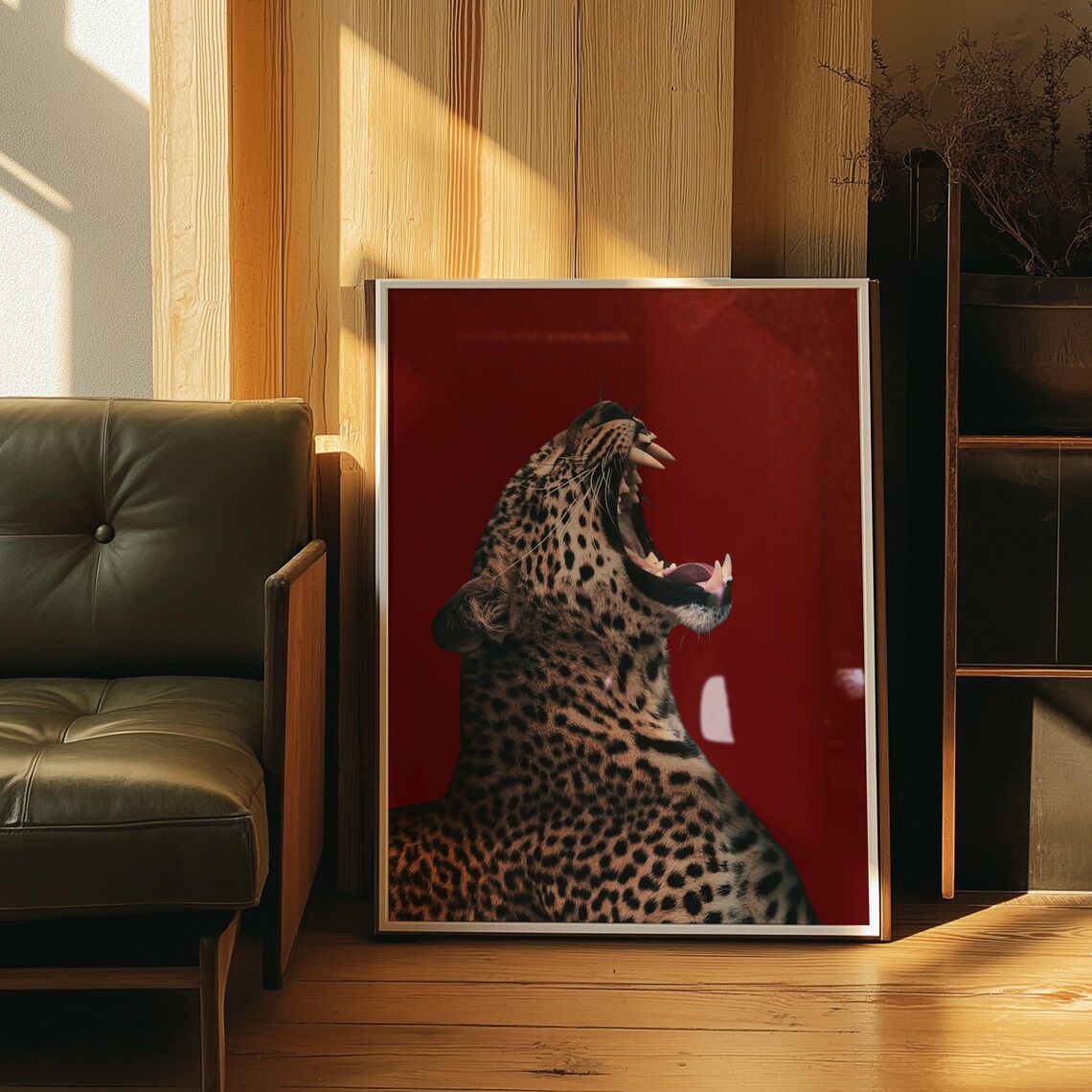 Red Roaring Leopard Wall Art Print, Luxury Modern Decor