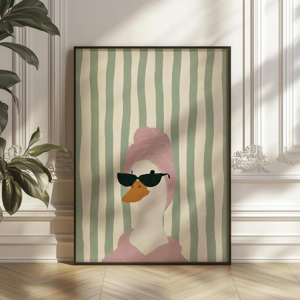Funny Duck in Pink Towel, Quirky Bathroom Poster